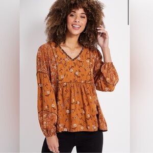 Maurices Floral V-Neck Blouse - Brown XL